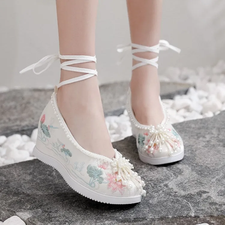 Women's Han Chinese Clothing Invisible Elevated Embroidered Antique Cloth Ancient Canvas Shoes