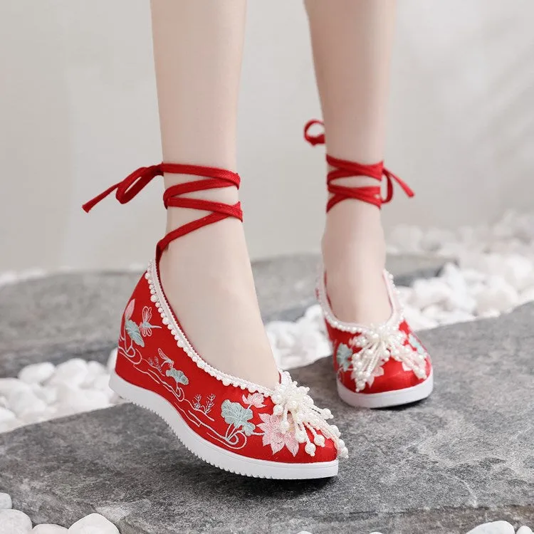 Women's Han Chinese Clothing Invisible Elevated Embroidered Antique Cloth Ancient Canvas Shoes