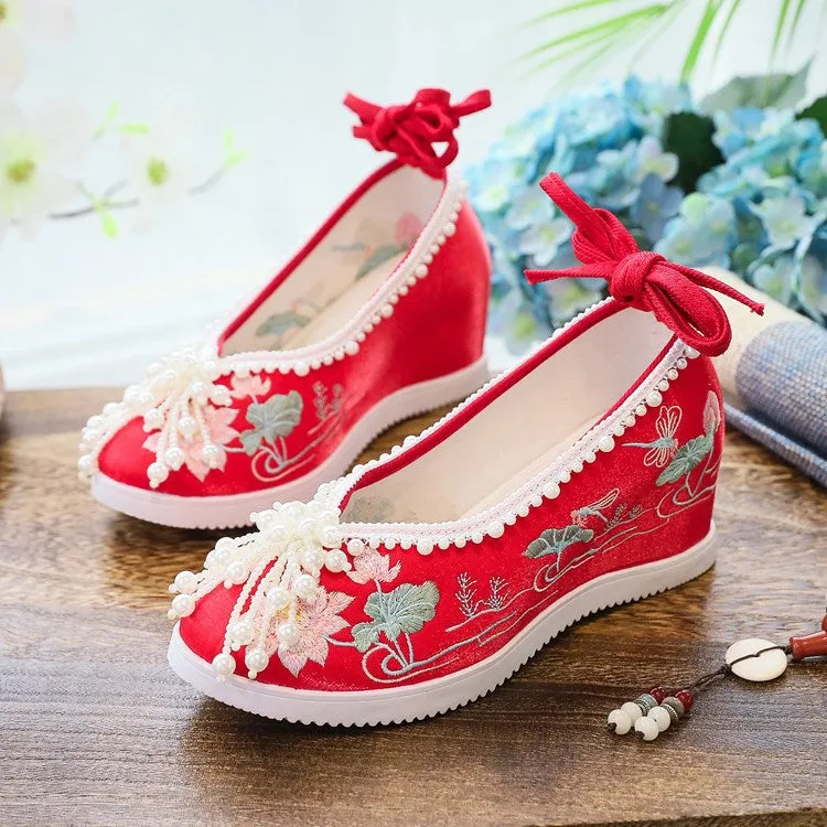 Women's Han Chinese Clothing Invisible Elevated Embroidered Antique Cloth Ancient Canvas Shoes