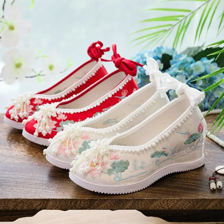 Women's Han Chinese Clothing Invisible Elevated Embroidered Antique Cloth Ancient Canvas Shoes